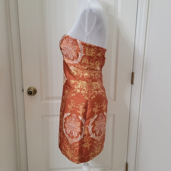 Free People Size 6 Orange-Copper, Gold & Cream Damask Strapless Mini Dress - Picture 3 of 13